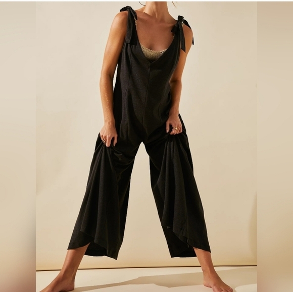 FP Beach Alice One Piece Tie Shoulder Wide Leg Jumpsuit in Charcoal Black XS - Picture 2 of 12